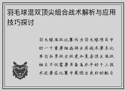 羽毛球混双顶尖组合战术解析与应用技巧探讨
